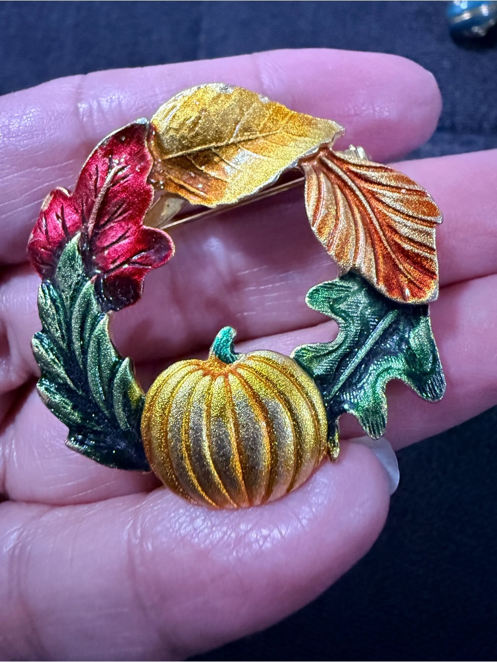 Autumn Pumpkin Wreath Brooch - Gold, Green, Red